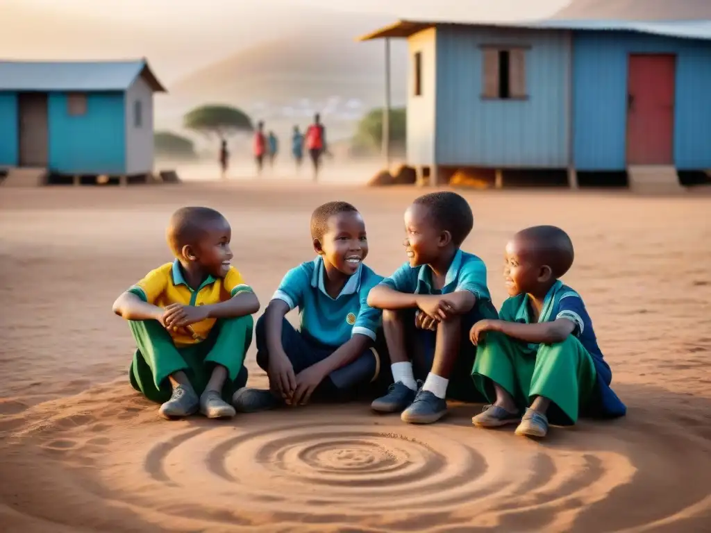 Un grupo de niños en un township sudafricano juega Morabaraba, con ropa tradicional colorida y shacks de fondo al atardecer