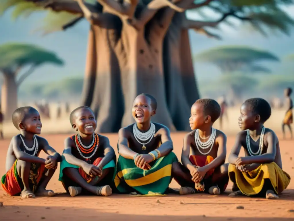 Grupo de niños tribales africanos juegan 'Mbube Mbube' bajo baobab