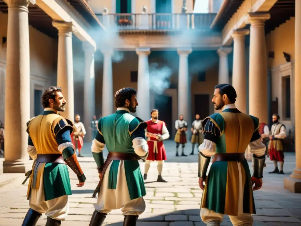 Un grupo de nobles italianos juega Pallone col Bracciale en un patio renacentista, capturando la intensidad del juego histórico