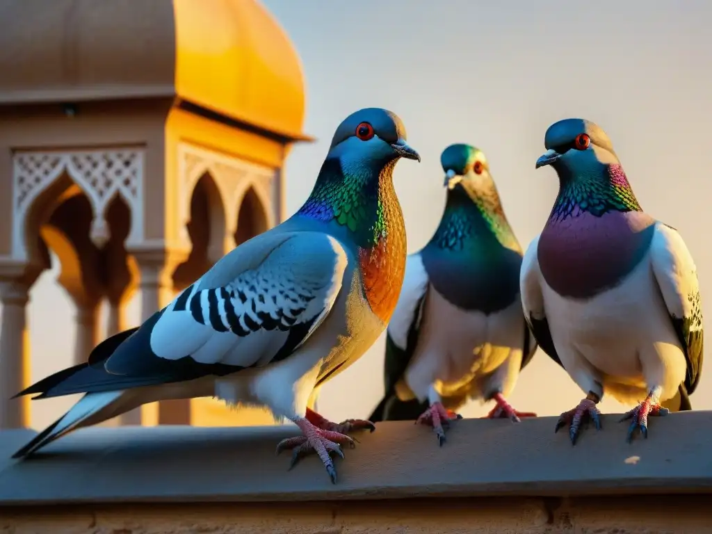 Un grupo de palomas decoradas descansa en un palomar tradicional en Medio Oriente con la luz dorada resaltando la arquitectura