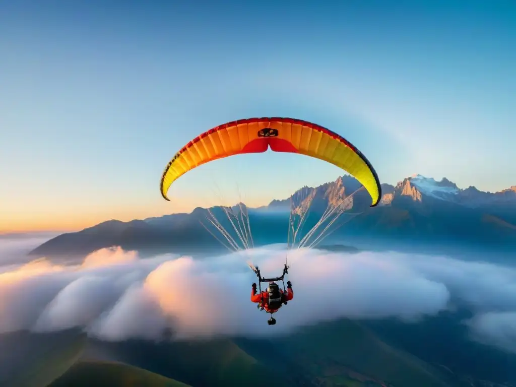 Grupo de parapentistas surcando el cielo al atardecer sobre montañas