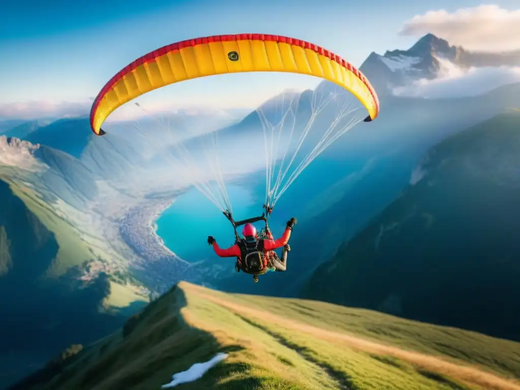 Grupo de parapentistas despegando de pico alpino en Francia al amanecer, mostrando emoción y belleza del vuelo