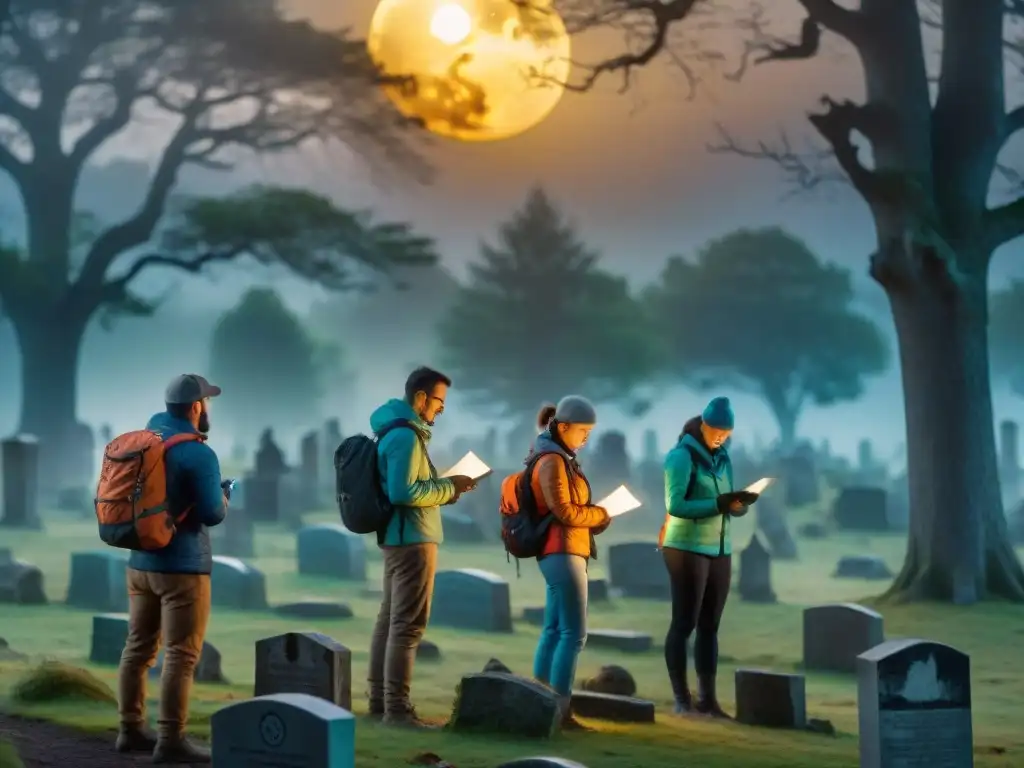 Grupo de participantes con linternas en cementerio histórico, estudiando mapas bajo la luz de la luna llena