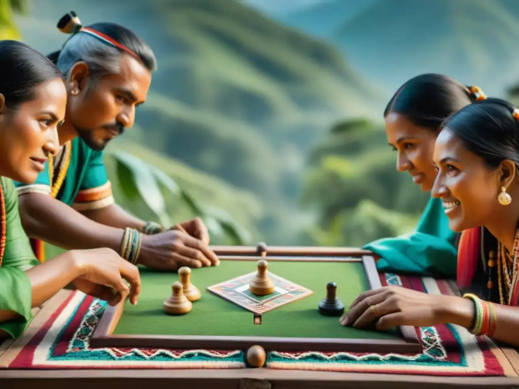 Grupo de indígenas juega Patolli en coloridos atuendos tradicionales, inmersos en juegos indígenas culturales América