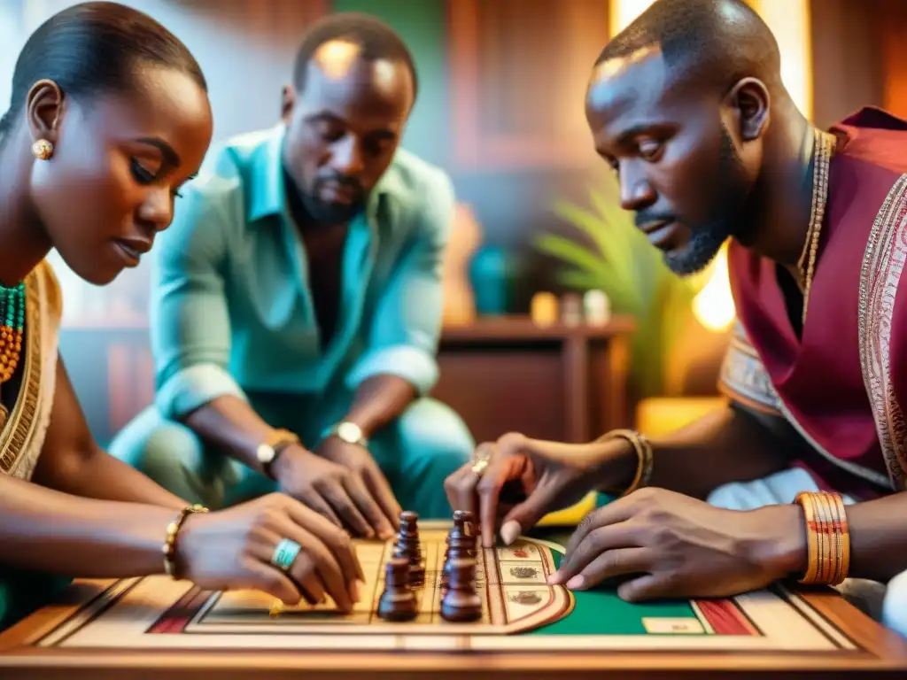 Grupo de personas africanas concentradísimas jugando un tradicional juego de tablero africano en una acogedora habitación iluminada