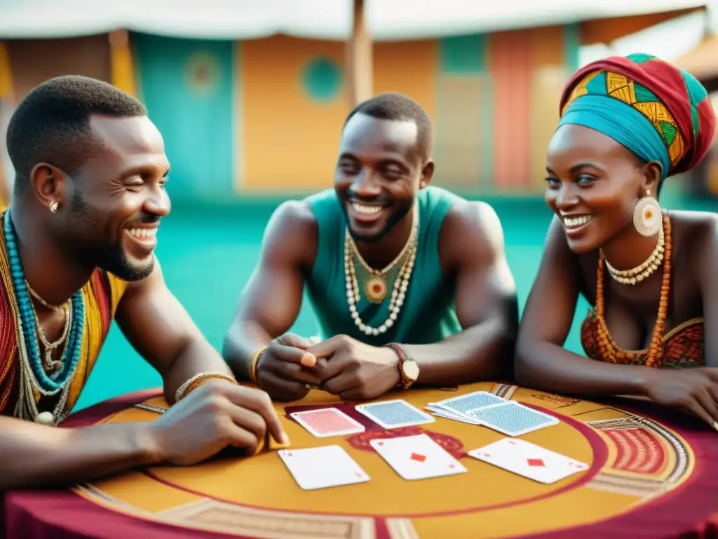 Juego de cartas tradicional africano: diversión y cultura Grupo de personas en África, jugando cartas en una mesa colorida, en un animado mercado africano