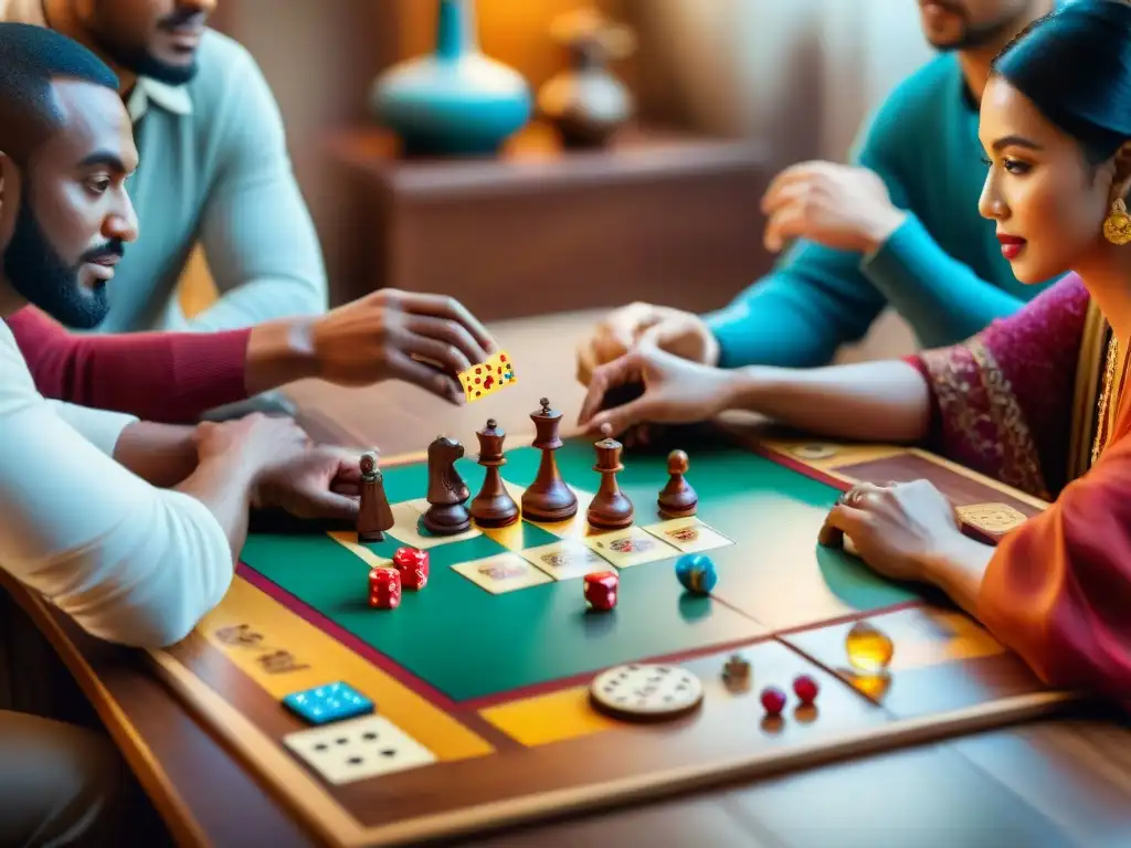 Grupo de personas de diversas culturas disfrutando de juegos de mesa tradicionales en una acogedora sala decorada con artefactos culturales