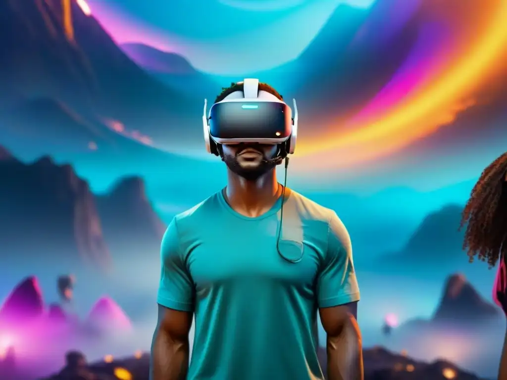 Un grupo de personas diversas con auriculares de realidad virtual en un paisaje futurista lleno de colores vibrantes y tecnología avanzada