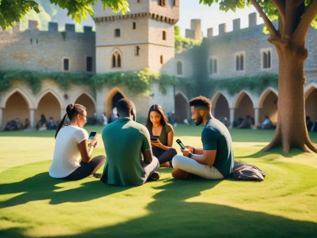 Un grupo de personas diversas concentradas en sus teléfonos en un parque, jugando al rol móvil