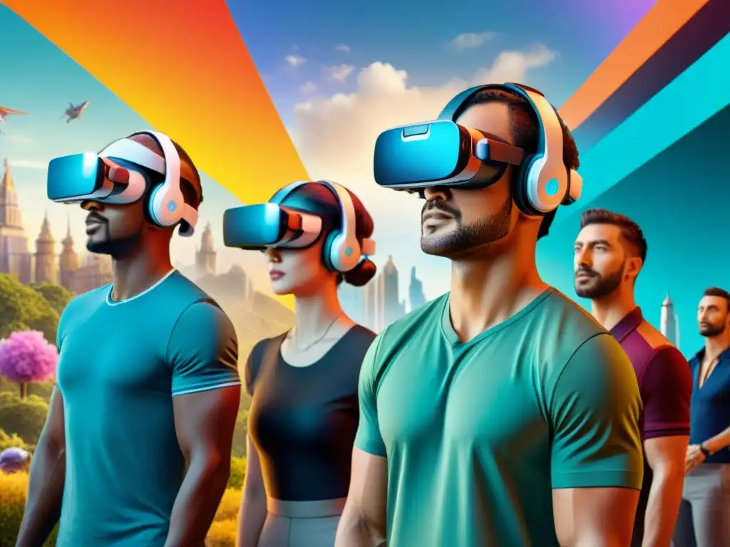 Un grupo de personas diversas usando gafas de realidad aumentada, inmersos en un mundo virtual lleno de edificios futuristas y elementos interactivos