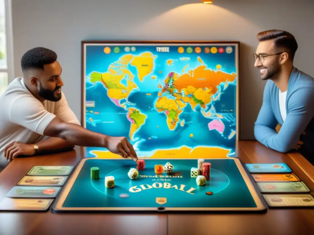 Un grupo de personas diversas juega un juego de mesa con un mapa mundial, mostrando la conexión global