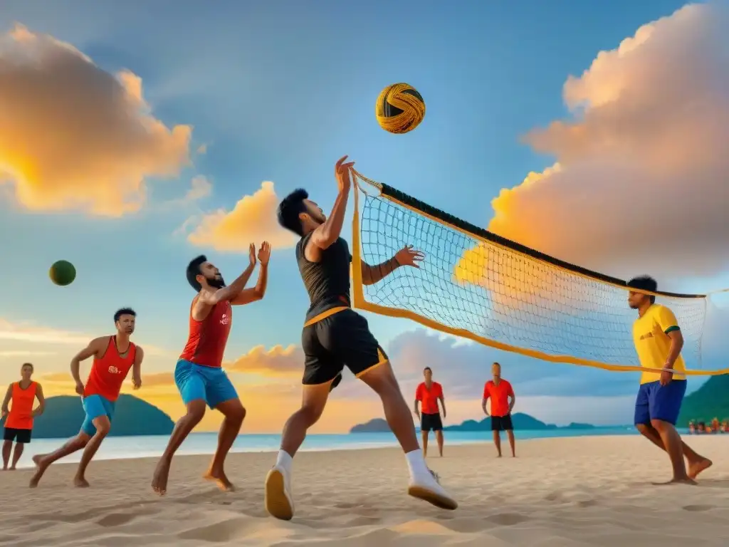 Grupo de personas de diversas edades y etnias juegan 'Sepak Takraw' en la playa al atardecer, demostrando unidad comunitaria