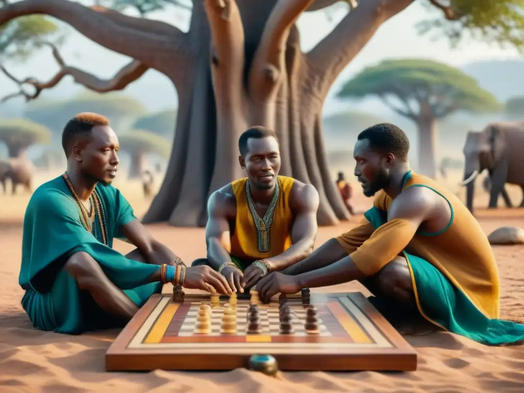 Un grupo de personas jugando un juego de mesa tradicional africano bajo la sombra de un gran árbol baobab