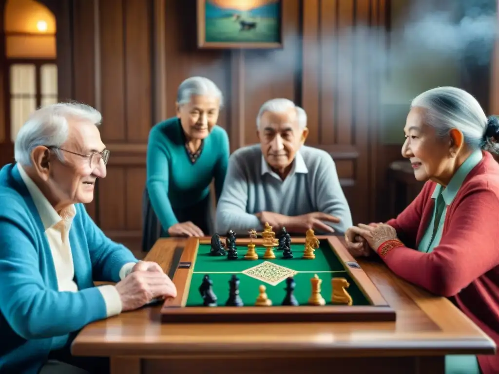 Grupo de personas mayores disfrutando de juegos tradicionales, conectando con la memoria cultural y la salud mental