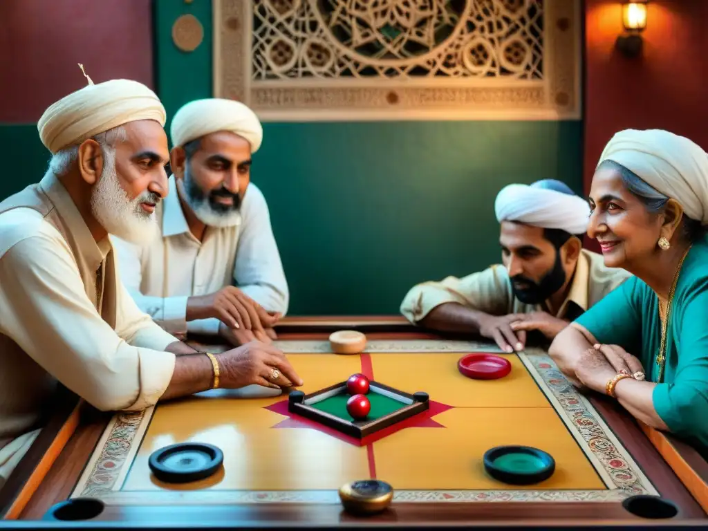 Un grupo de personas mayores disfruta de una partida de Carrom, mostrando la historia del juego de Carrom en Medio Oriente