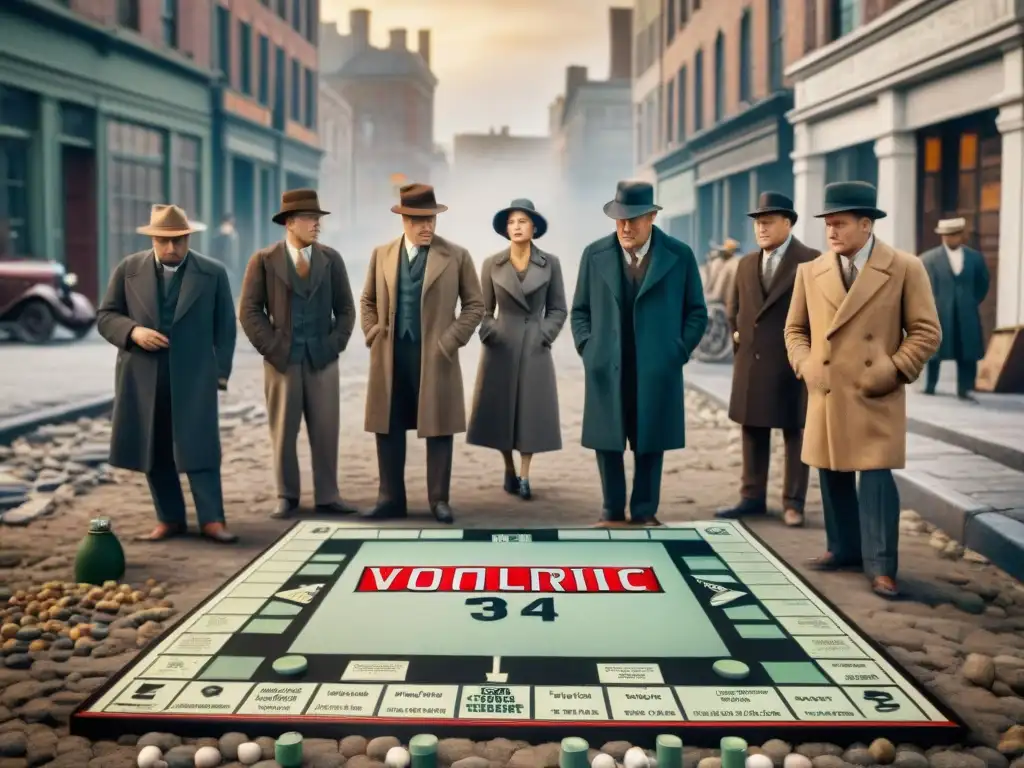 Un grupo de personas juega Monopoly en las calles durante la Gran Depresión, mostrando lecciones de economía e historia