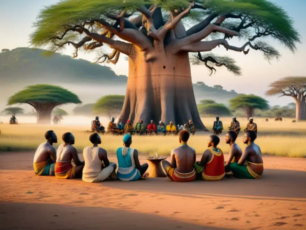 Grupo de personas de tribus africanas jugando bajo un Baobab al atardecer, en un juego tradicional de resolución de conflictos