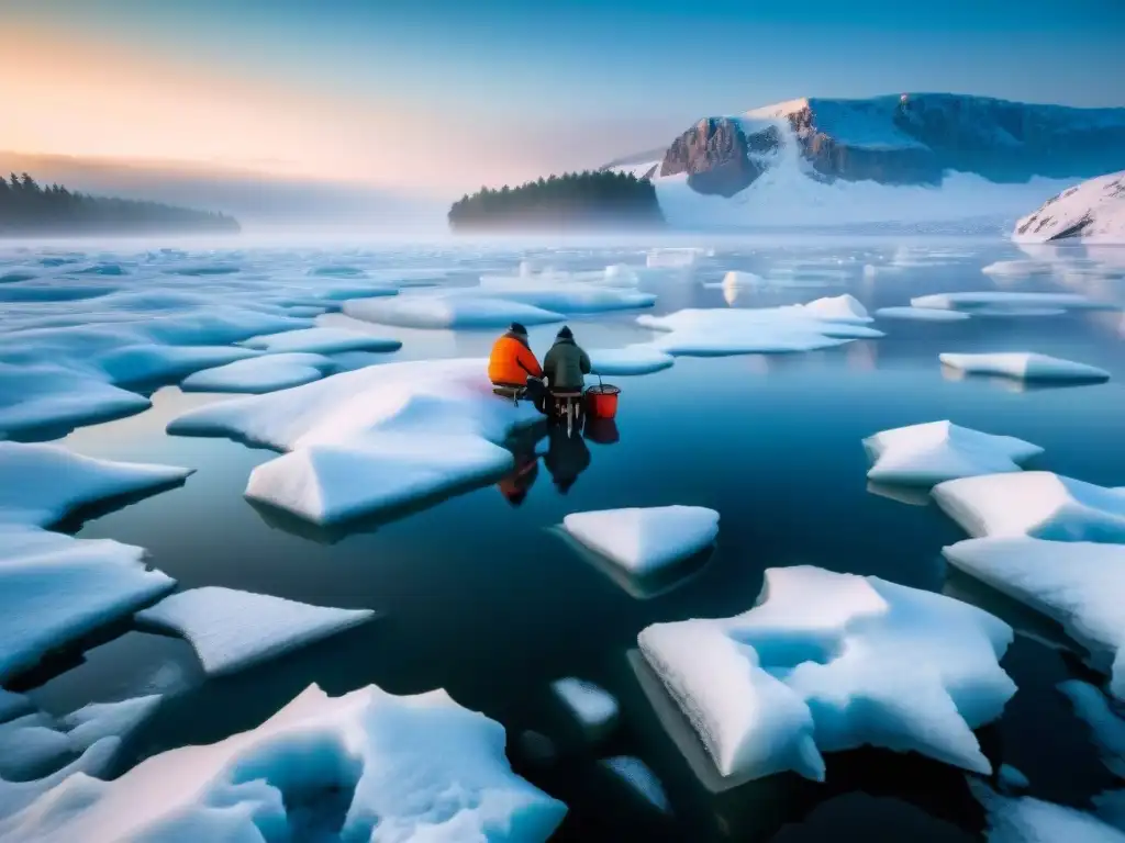 Un grupo de pescadores en hielo en Europa, esperando con paciencia junto al agujero en el hielo