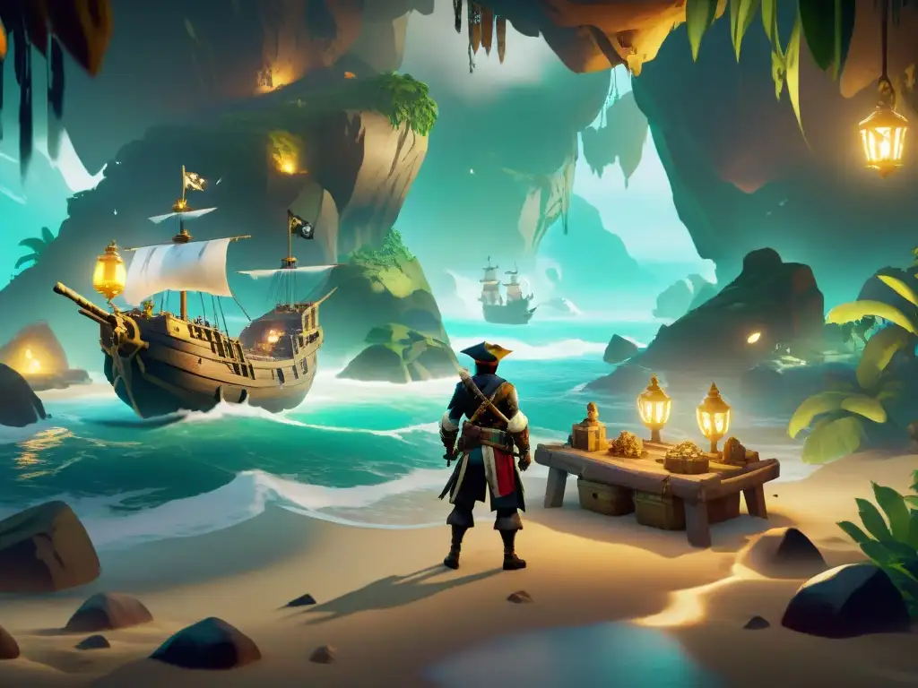 Un grupo de piratas explorando una cueva llena de tesoros en Sea of Thieves