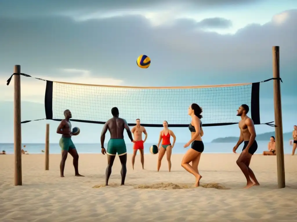 Grupo en la playa del siglo XIX jugando voleibol primitivo