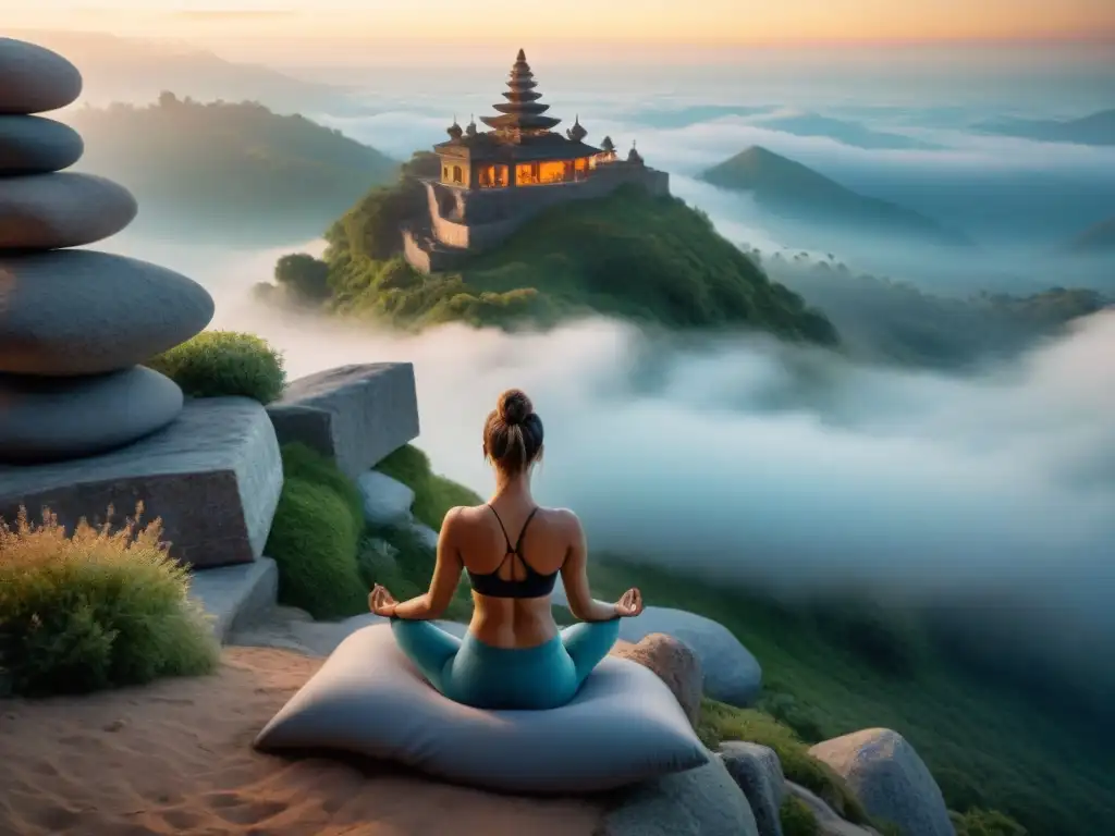 Grupo en poses de yoga al amanecer en la cima de una montaña neblinosa