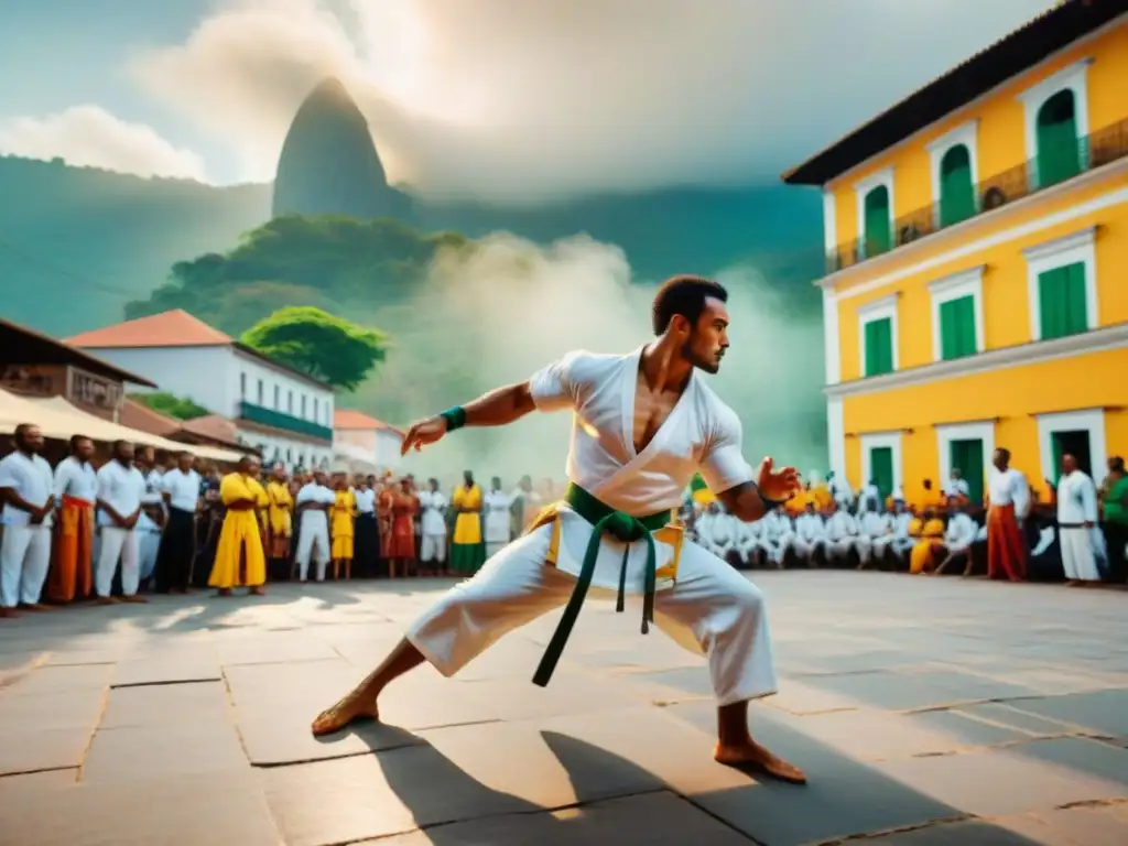 Grupo de practicantes de capoeira en una roda vibrante en una plaza histórica de Brasil