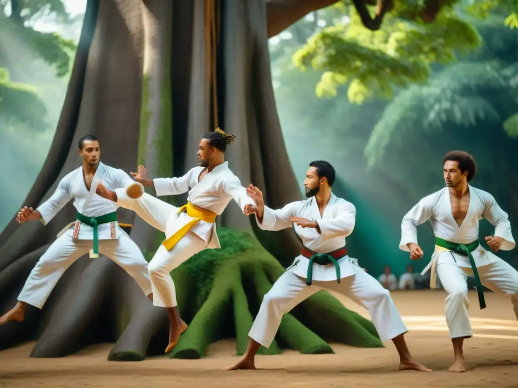 Grupo de practicantes de capoeira en roda bajo un árbol ancestral, transmitiendo la historia de la capoeira en Brasil