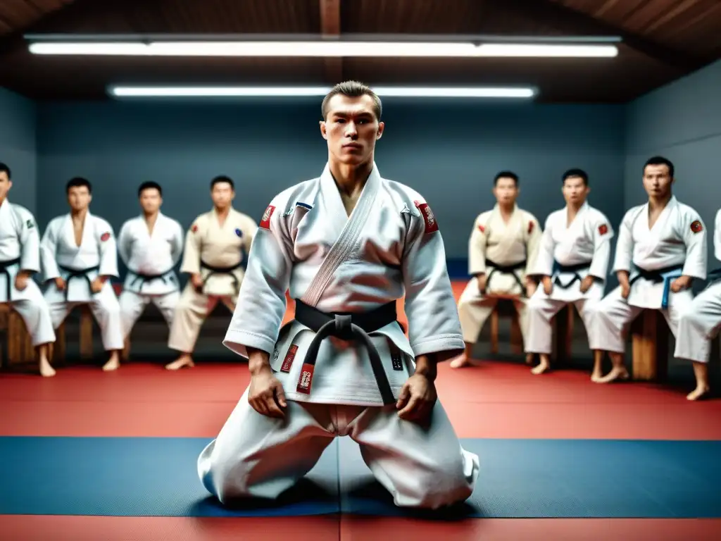 Grupo de practicantes de judo en atuendo tradicional ruso, junto a un severo sensei en un dojo