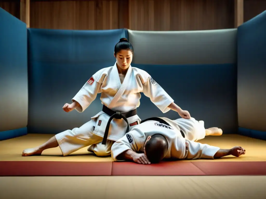 Grupo de practicantes de judo en un dojo tradicional ejecutando técnicas precisas y dinámicas en un ambiente histórico