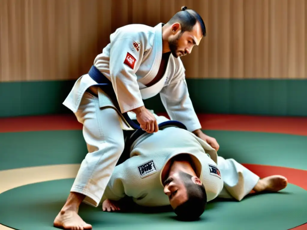 Grupo de practicantes de judo rusos en gi blanco, mostrando habilidades en tatami