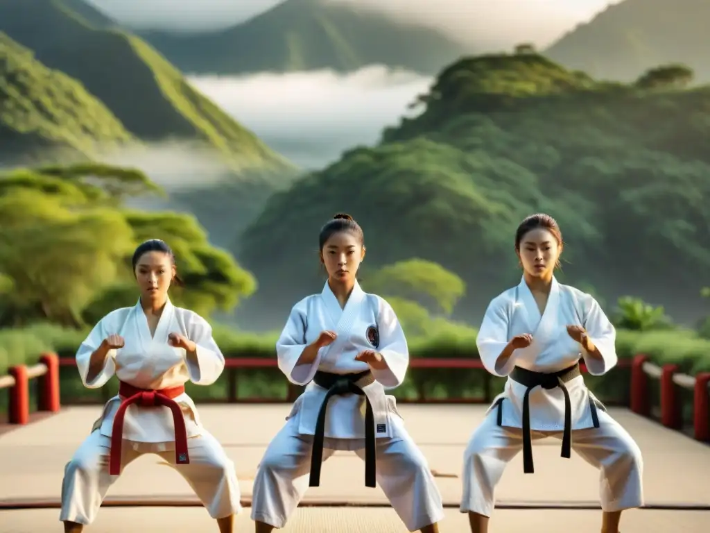 Grupo de practicantes de karate en América realizando katas con precisión en un dojo al aire libre, rodeados de naturaleza