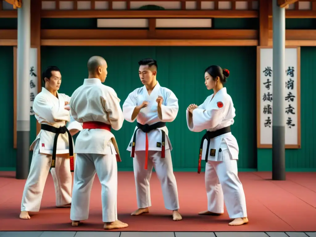 Un grupo de practicantes de karate en América Latina, entrando con respeto a un dojo