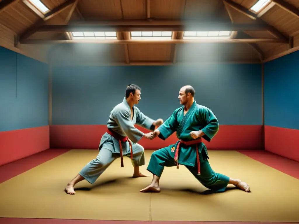 Grupo de practicantes de Sambo demostrando técnicas en un dojo lleno de historia