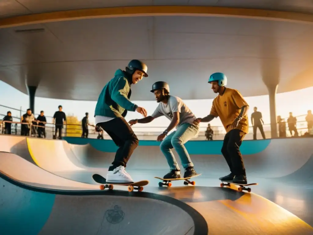 Un grupo de skateboarders diversos en un skatepark urbano con grafitis vibrantes, realizando trucos impresionantes al atardecer