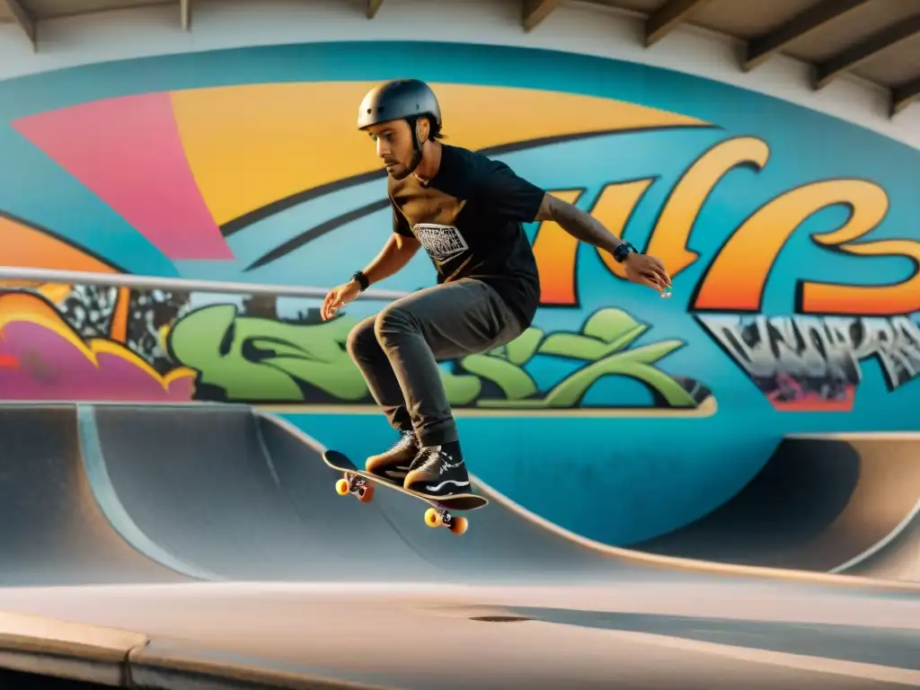 Un grupo de skaters ejecutando trucos en un parque vibrante, reflejando la historia del skateboarding en culturas