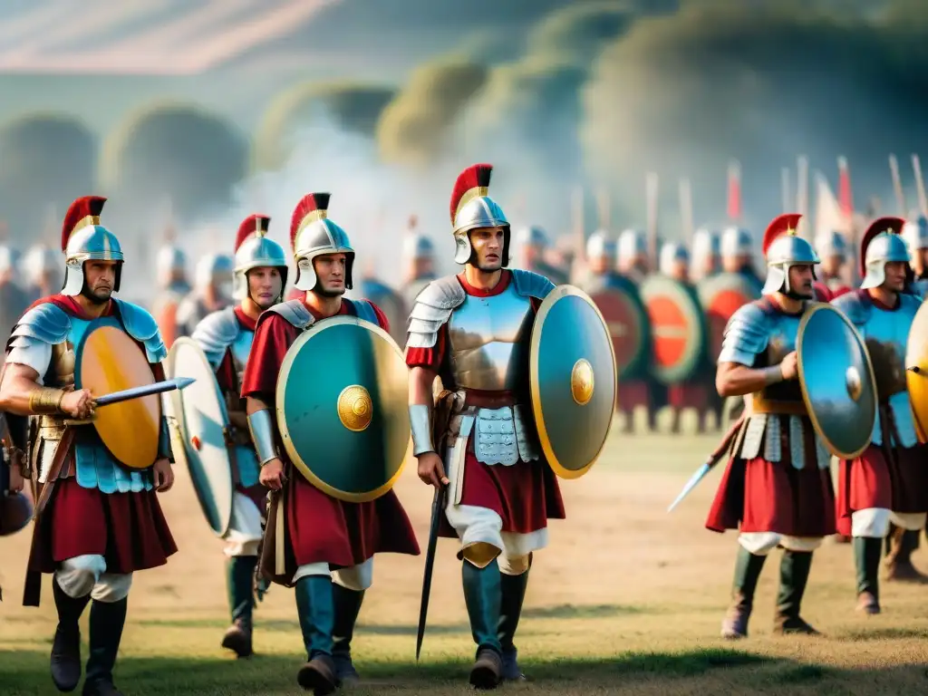 Un grupo de soldados romanos en formación estratégica en un campamento militar antiguo, reflejando la disciplina y coordinación