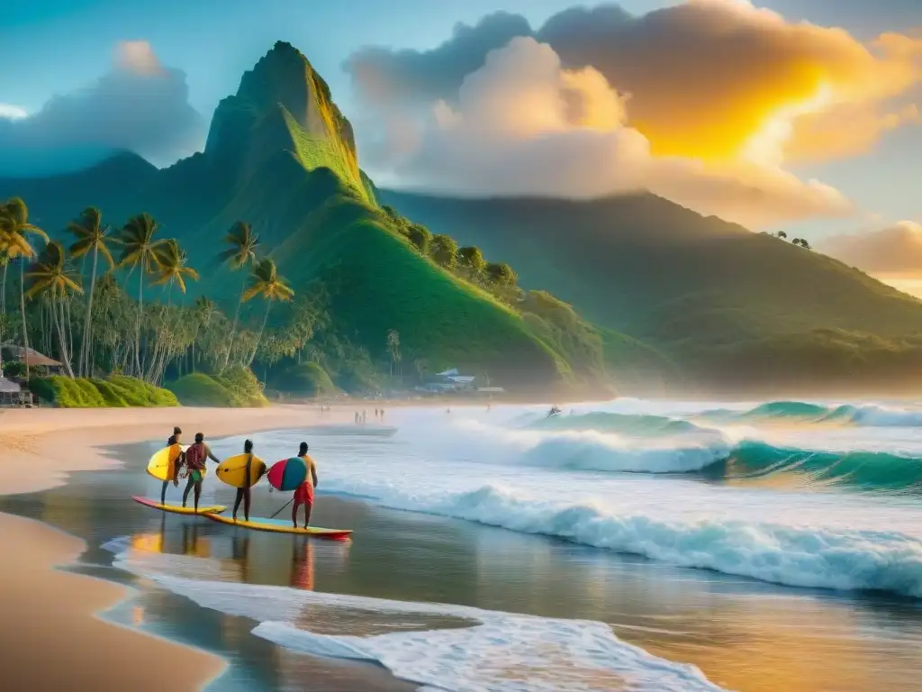 Grupo de surfistas indígenas montando olas en tablas de madera tradicionales en Latinoamérica, resaltando la historia del surf en la región