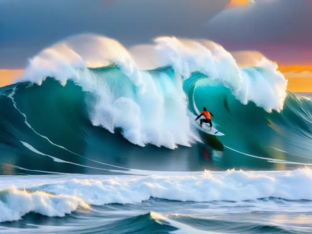 Grupo de surfistas desafiando olas gigantes al atardecer, siluetas recortadas en cielo naranja y rosa