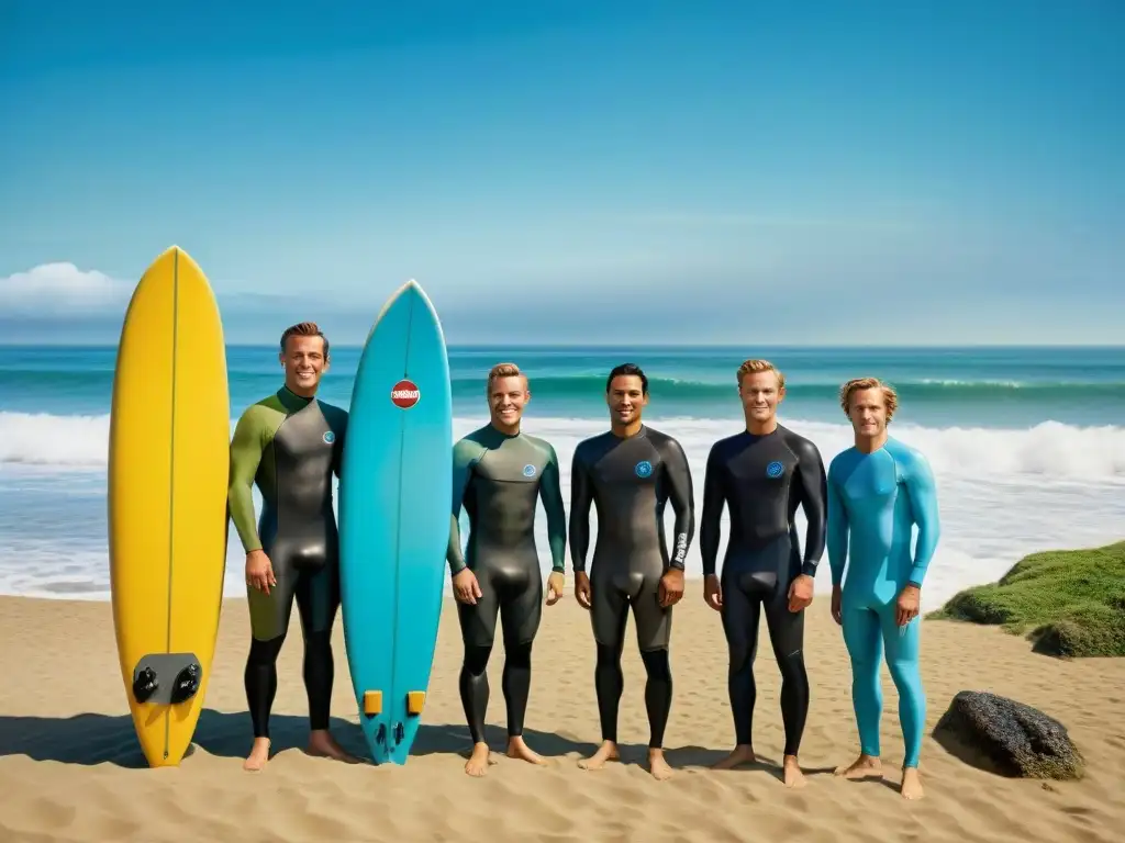 Grupo de surfistas con tablas vintage en la costa europea, evocando la historia de los deportes acuáticos en Europa