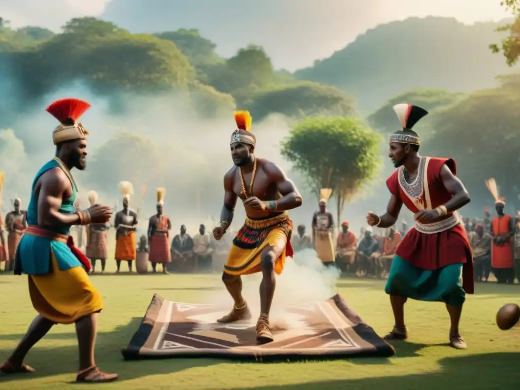 Grupo en trajes africanos juega un vibrante juego espiritual en la naturaleza