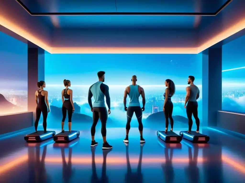 Grupo con trajes futuristas haciendo rutina en gimnasio de alta tecnología con instructor digital, fusionando tecnología en el fitness