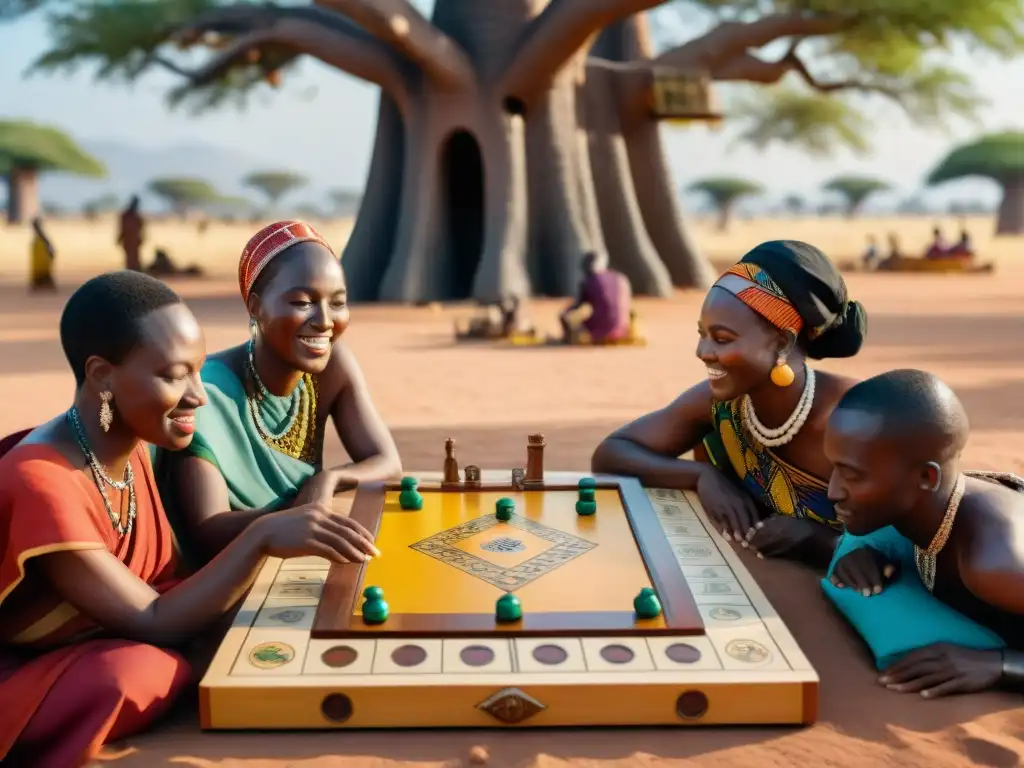 Grupo en trajes tradicionales juega bajo baobab, resaltando juegos de mesa tradicionales en África