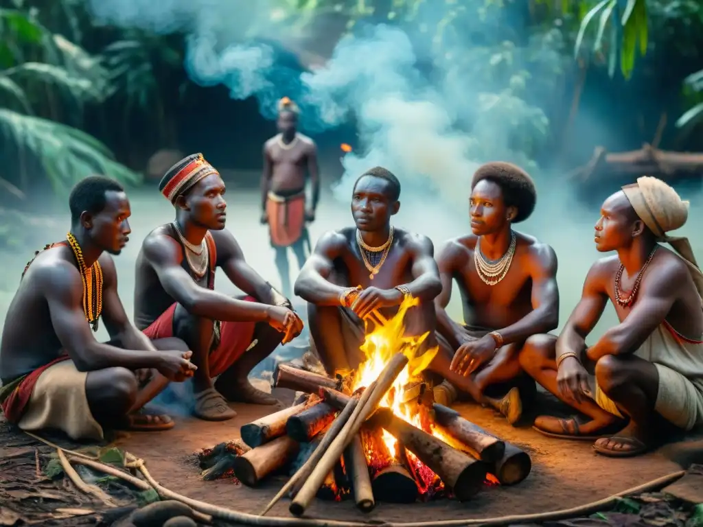 Grupo de tribus africanas en la jungla, realizando habilidades ancestrales de supervivencia alrededor de una fogata