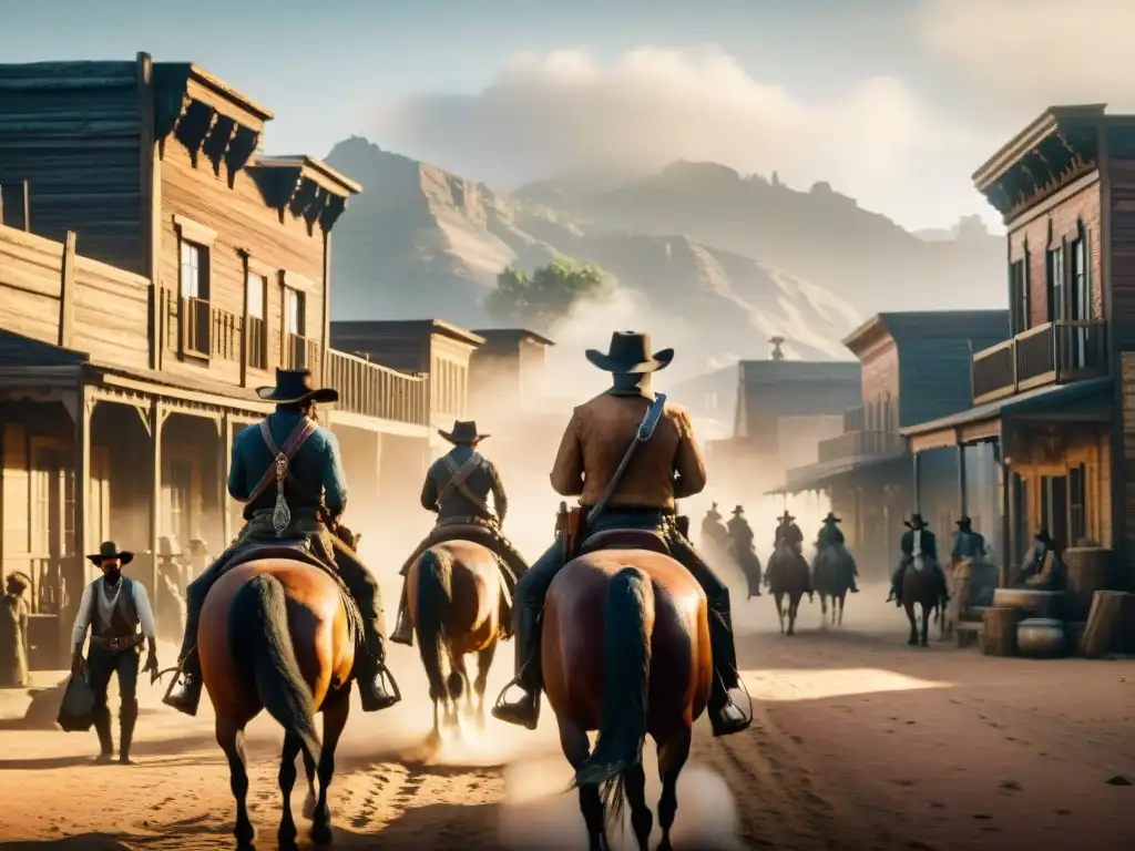 Grupo de vaqueros cabalgando al atardecer en un pueblo del oeste en Red Dead Redemption 2, resaltando la ambientación del juego