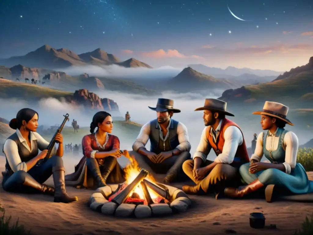 Grupo variado en atuendos del Oeste, acampando y compartiendo en 'Red Dead Redemption 2', bajo un cielo estrellado