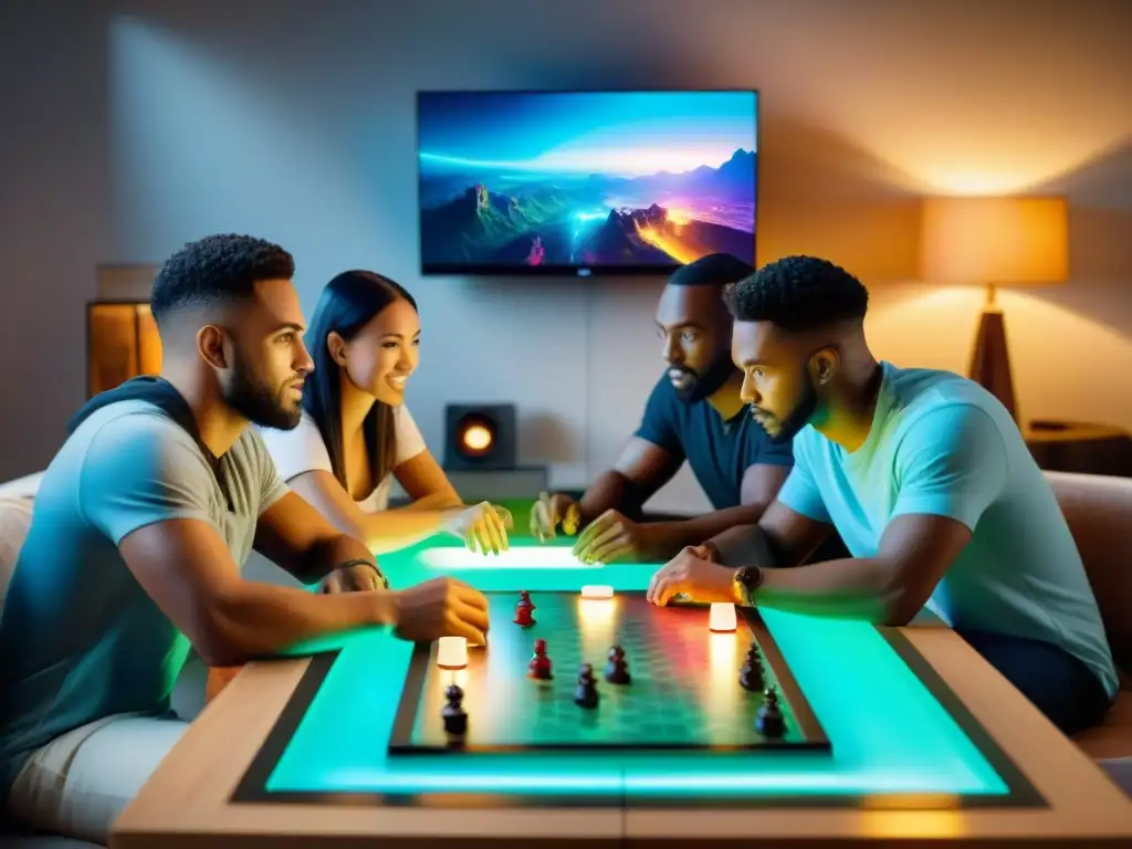 Juego de mesa futurista con tecnología y emoción Un grupo variado juega emocionado un juego de mesa futurista que fusiona videojuegos y juegos de mesa