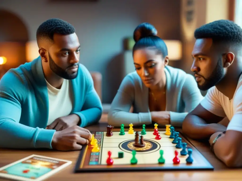 Grupo variado juega estrategias mentales en acogedora sala con juego de mesa colorido