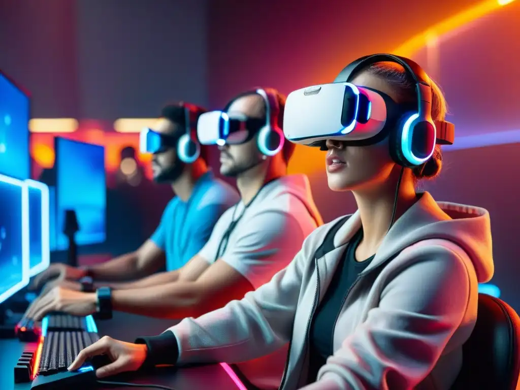 Grupo variado de gamers inmersos en un entorno de realidad virtual futurista, con tecnología en la evolución del gaming