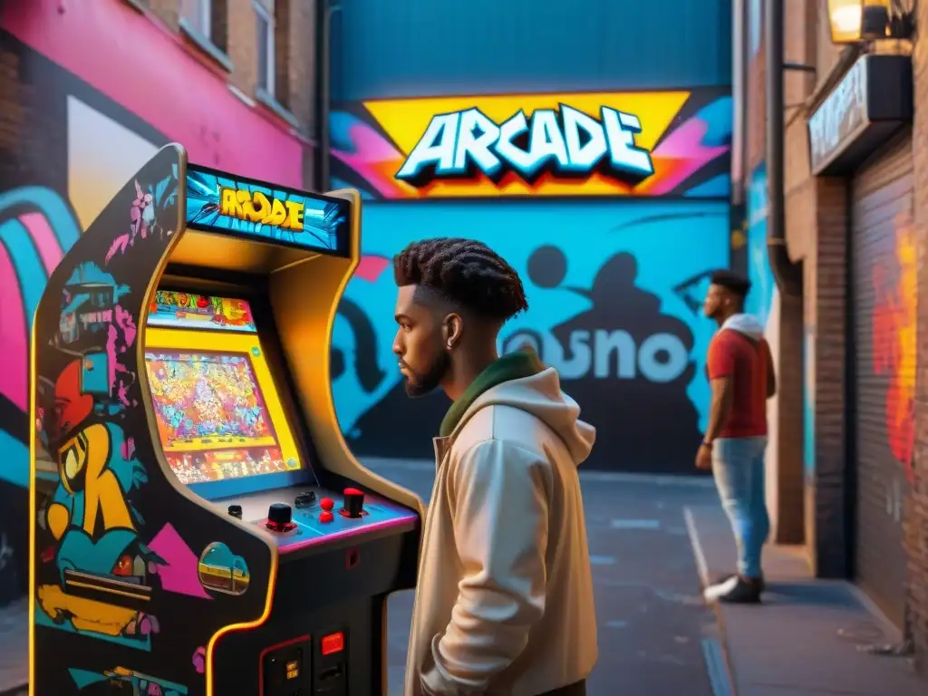 Un grupo variado de jóvenes juega videojuegos en una máquina arcade con grafitis en un callejón urbano