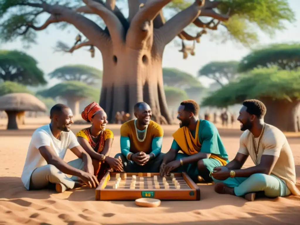 Grupo variado disfruta juegos en la diáspora africana bajo baobab centenario